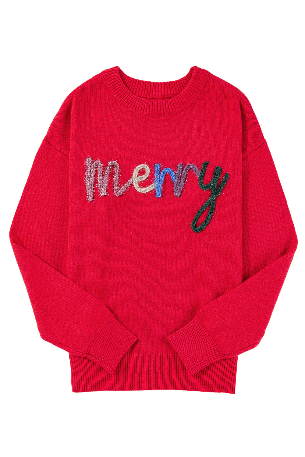 Fiery Red Tinsel Merry Letter Drop Shoulder Baggy Sweater-True and Wild