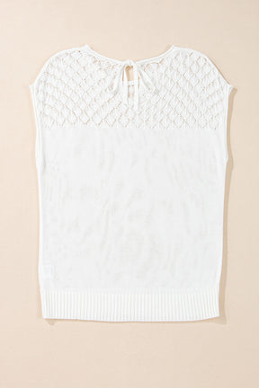 White Plain Knotted Back Crochet Knit Top