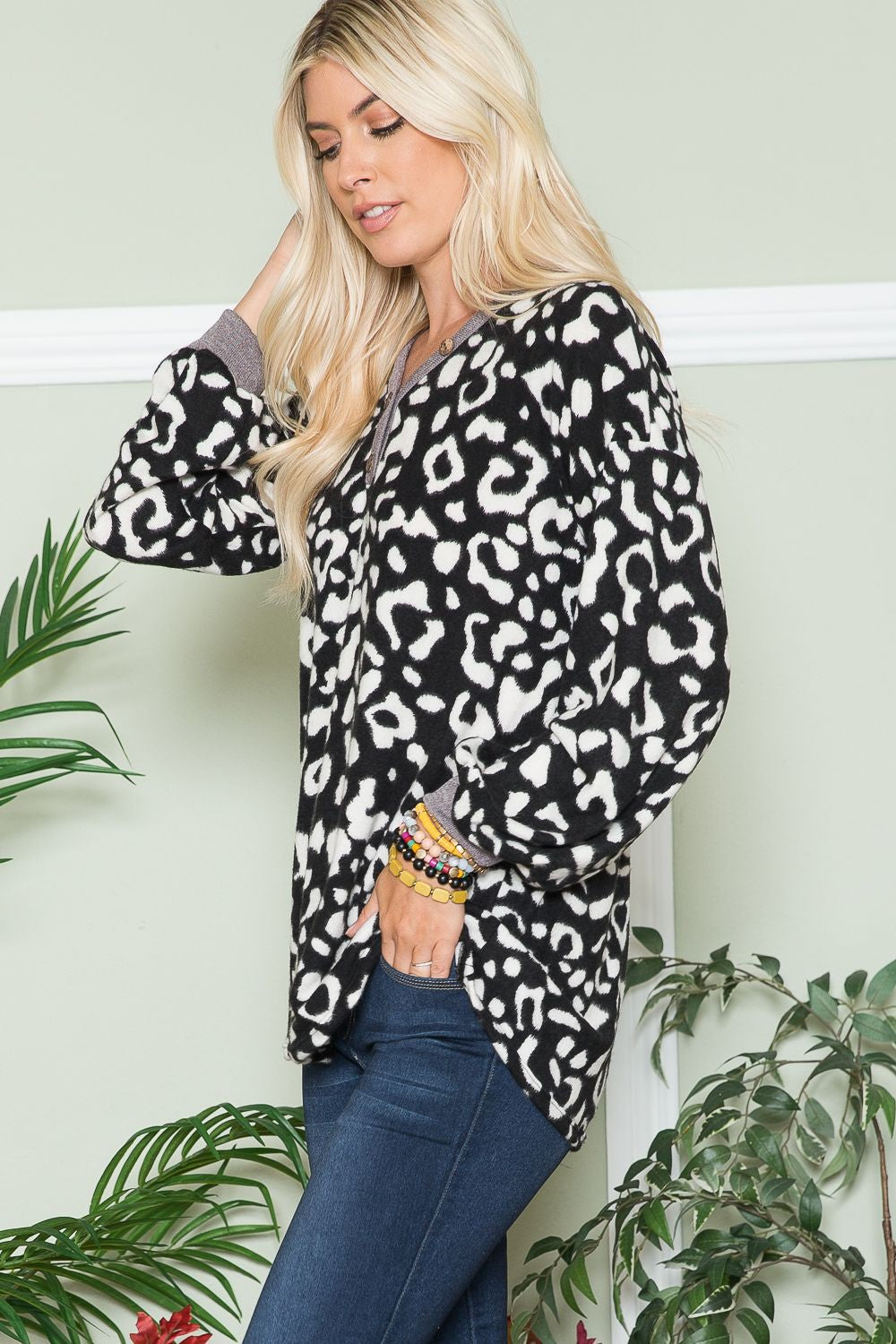 Celeste Full Size Leopard V-Neck Long Sleeve Blouse-True and Wild