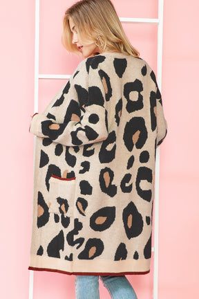 Leopard Print Open Front Pockets Midi Cardigan-True and Wild