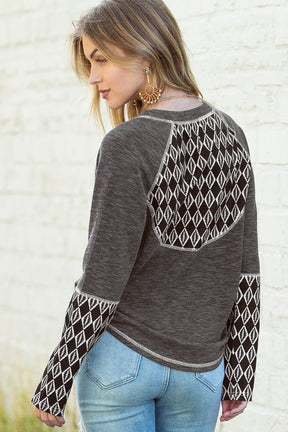 Gray Ribbed Casual Geometric Patchwork Long Sleeve Top-True and Wild