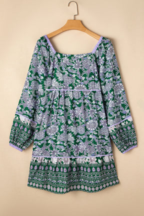 Green Floral Print Piping Trim Bubble Sleeve Bohemian Dress