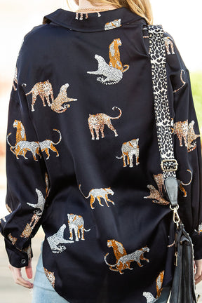 Black Animal Print Button Up Satin Shirt-True and Wild