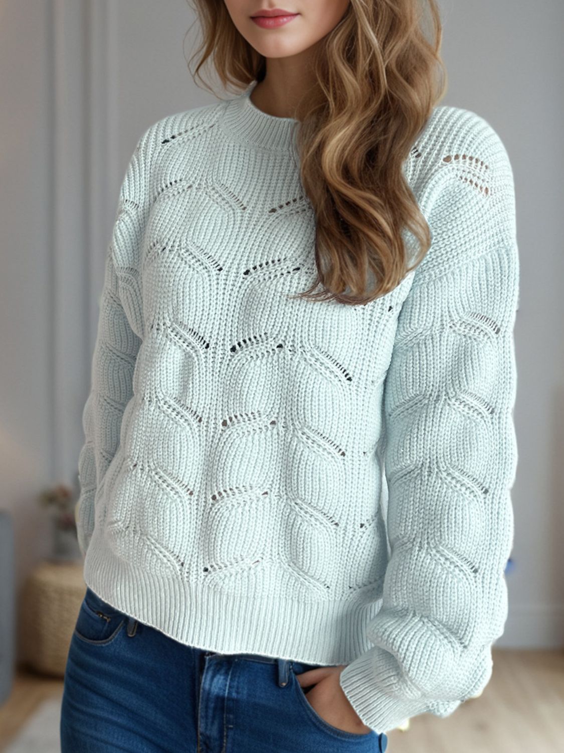 Openwork Round Neck Dropped Shoulder Sweater