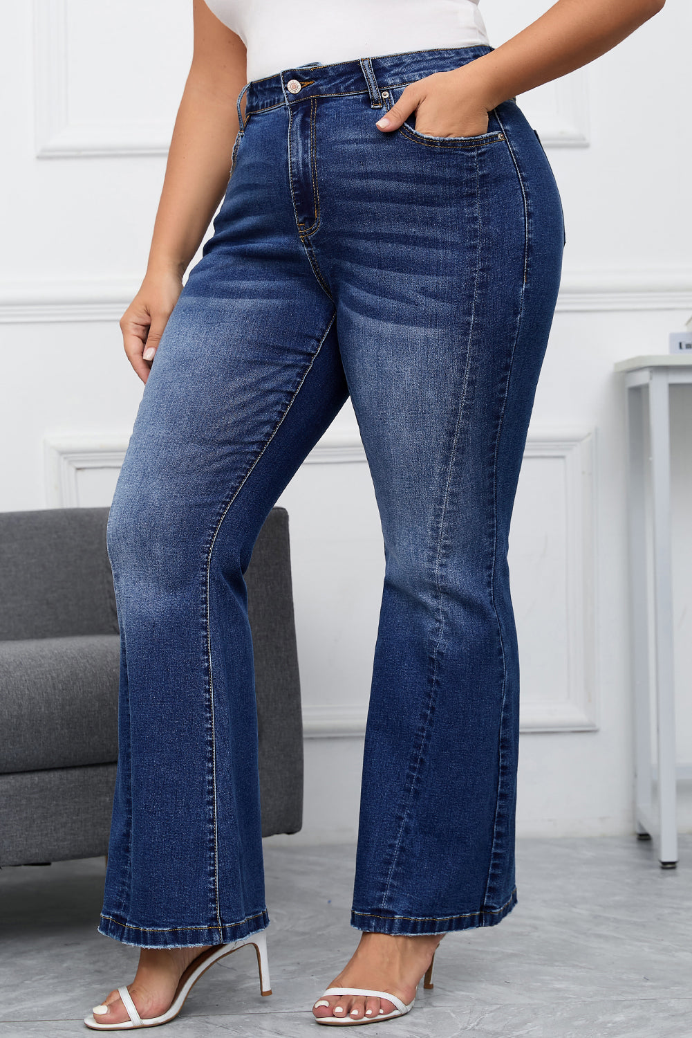 Dark Blue Plus Size Stitching Washed Flare Jeans-True and Wild