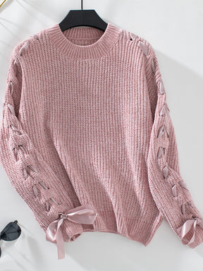 Lace Up Round Neck Long Sleeve Sweater-True and Wild