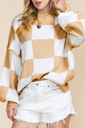 Orange & White Plaid Exposed Seam Bishop Sleeve Sweater-True and Wild