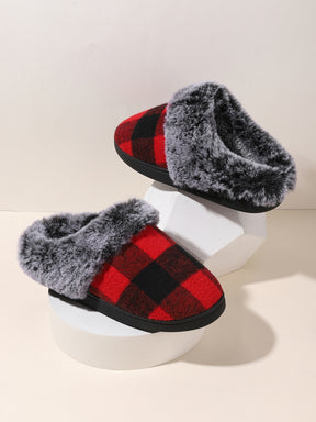 Plaid Furry Round Toe Flat Slippers-True and Wild