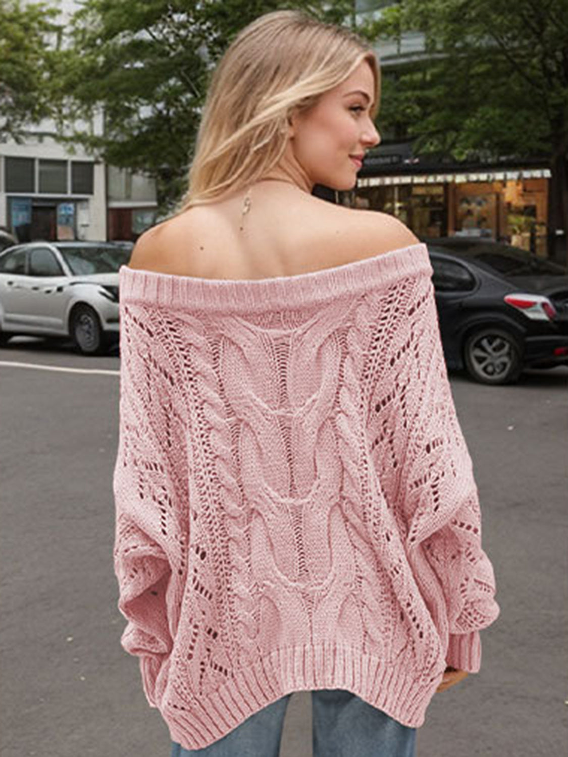 Cable Knit Openwork Off-Shoulder Sweater-True and Wild