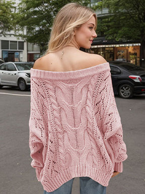 Cable Knit Openwork Off-Shoulder Sweater-True and Wild