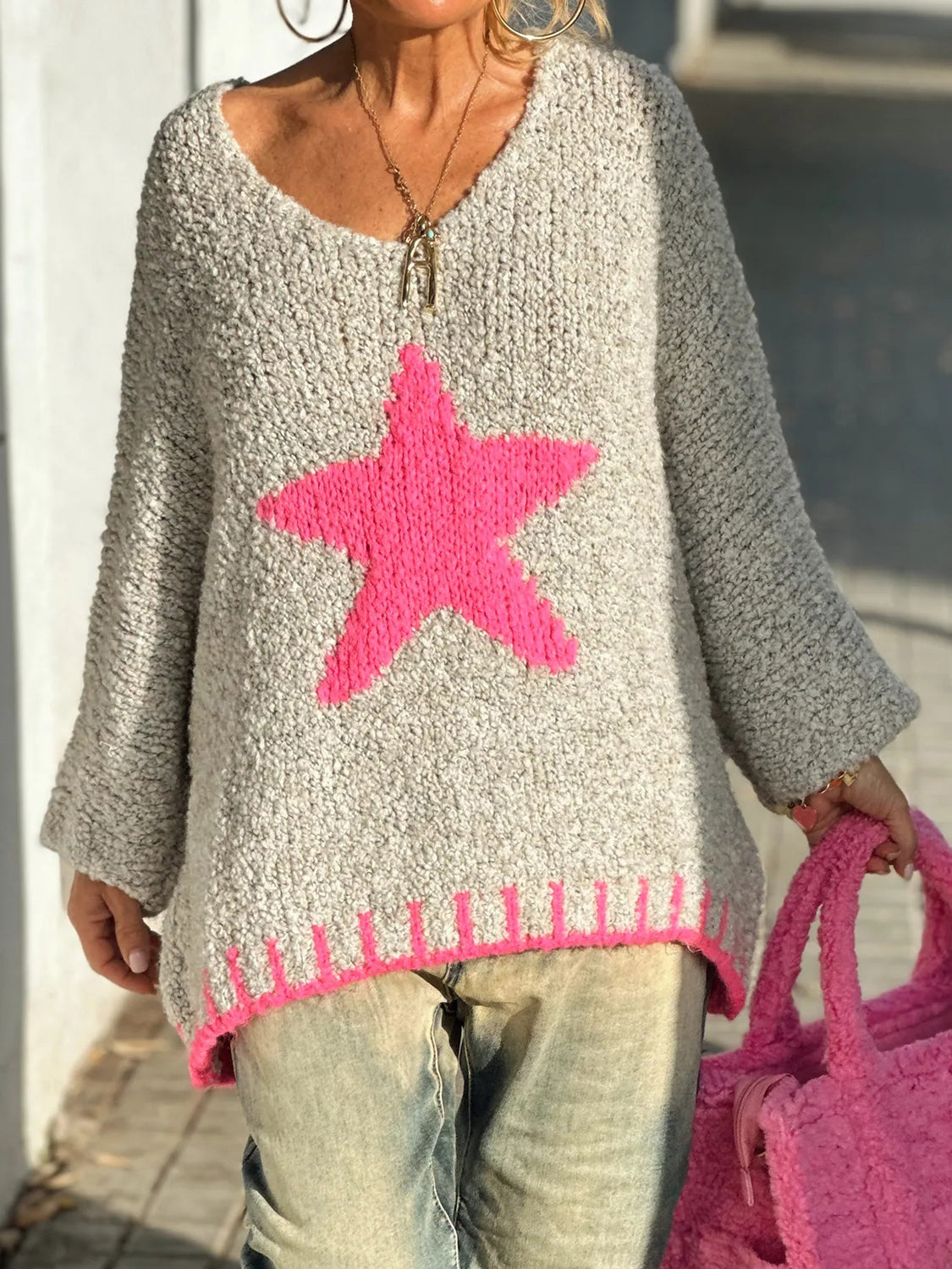 Star V-Neck Long Sleeve Oversize Sweater