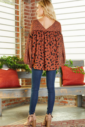 Brown Leopard V Neck Lantern Sleeve Tunic Blouse-True and Wild