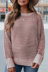 Red Dahlia Striped Print Ribbed Knit Raglan Sleeve Baggy Sweater-True and Wild