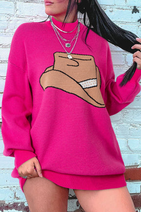 Rose Red YEEHAW Cowboy Hat Drop Shoulder Oversized Sweater-True and Wild