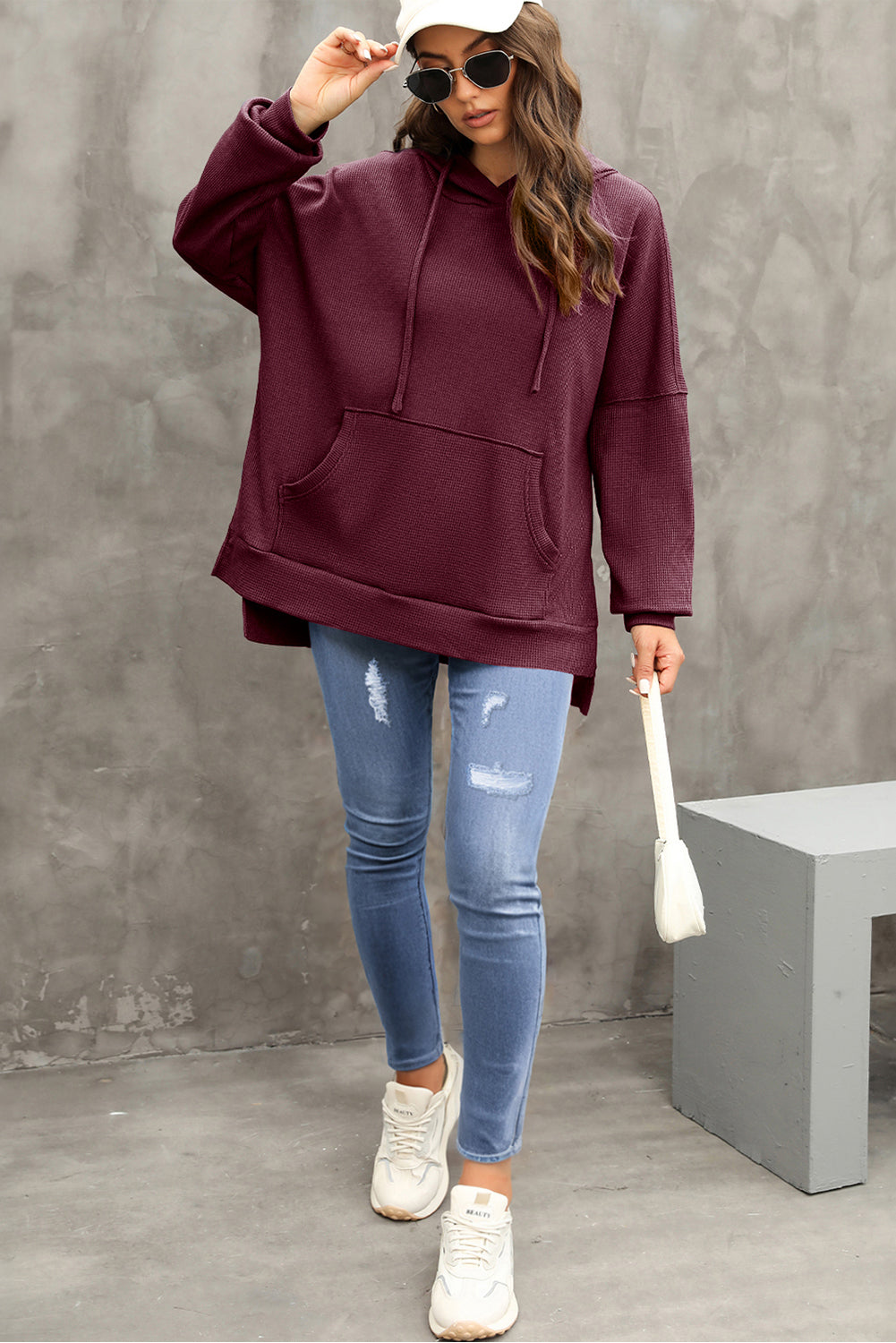 Coffee Waffle Knit High Low Oversized Hoodie-True and Wild