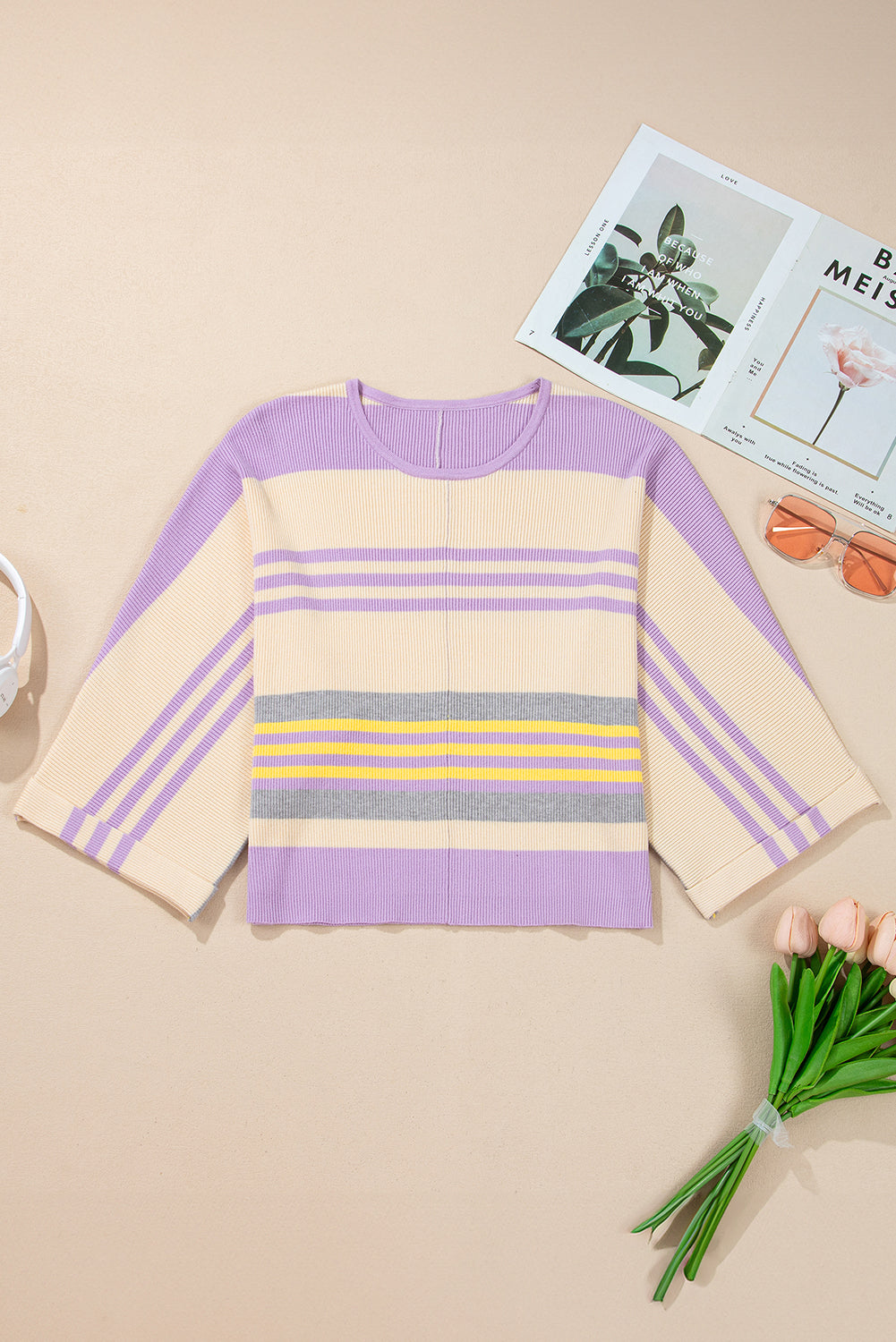 Purple Striped Rib-Knit Cropped Top-True and Wild