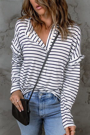 White Striped Snap Button Ruffle Trim Long Sleeve Top