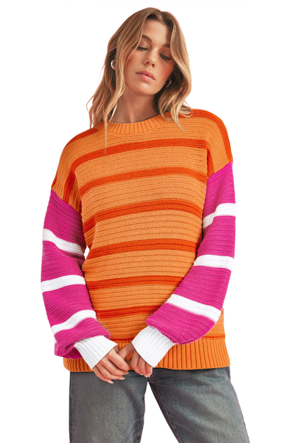 Orange Striped Colorblock Puff Sleeve Sweater-True and Wild