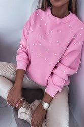 Pink Pearl Decor Ribbed Contrast Round Neck Sweatshirt-True and Wild