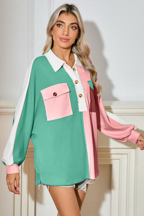 Pink Colorblock Patchwork Ribbed Oversized Sweatshirt-True and Wild