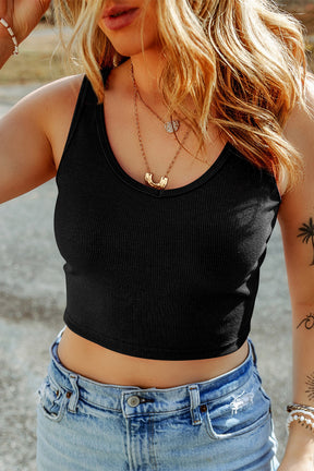 Black Solid Color Ribbed Knit Crop Tank Top-True and Wild