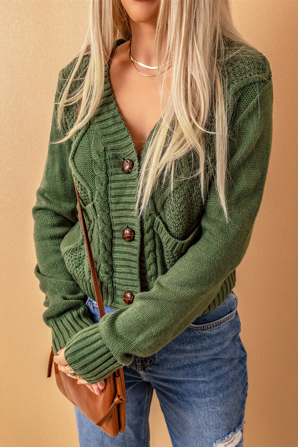 Cable-Knit Button Down V-Neck Cardigan-True and Wild