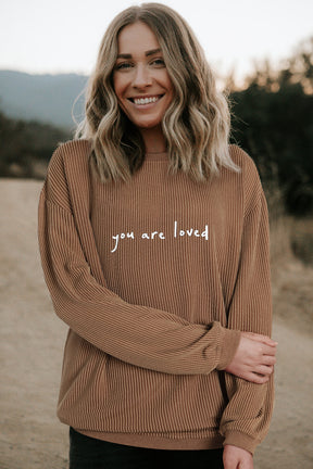 Khaki You Are Loved Print Crinkle Rib Sweatshirt-True and Wild