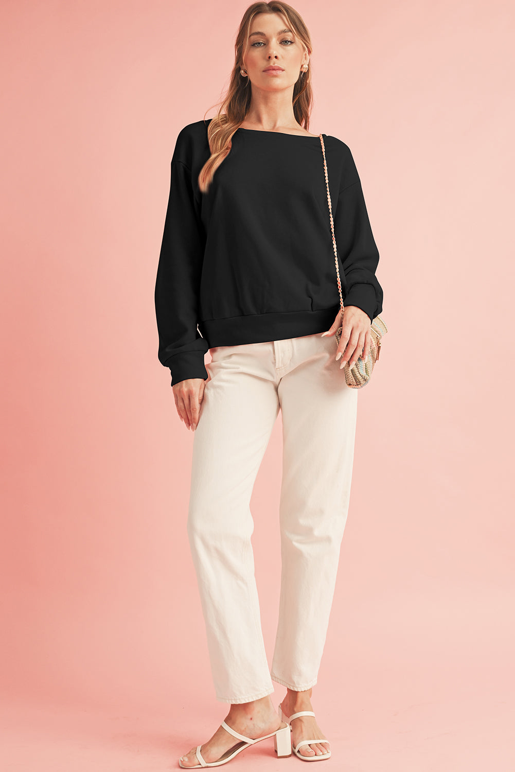 Apricot Bowknot Plain Round Neck Sweatshirt-True and Wild