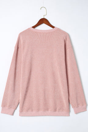 Pink Solid Ribbed Round Neck Pullover Sweatshirt-True and Wild