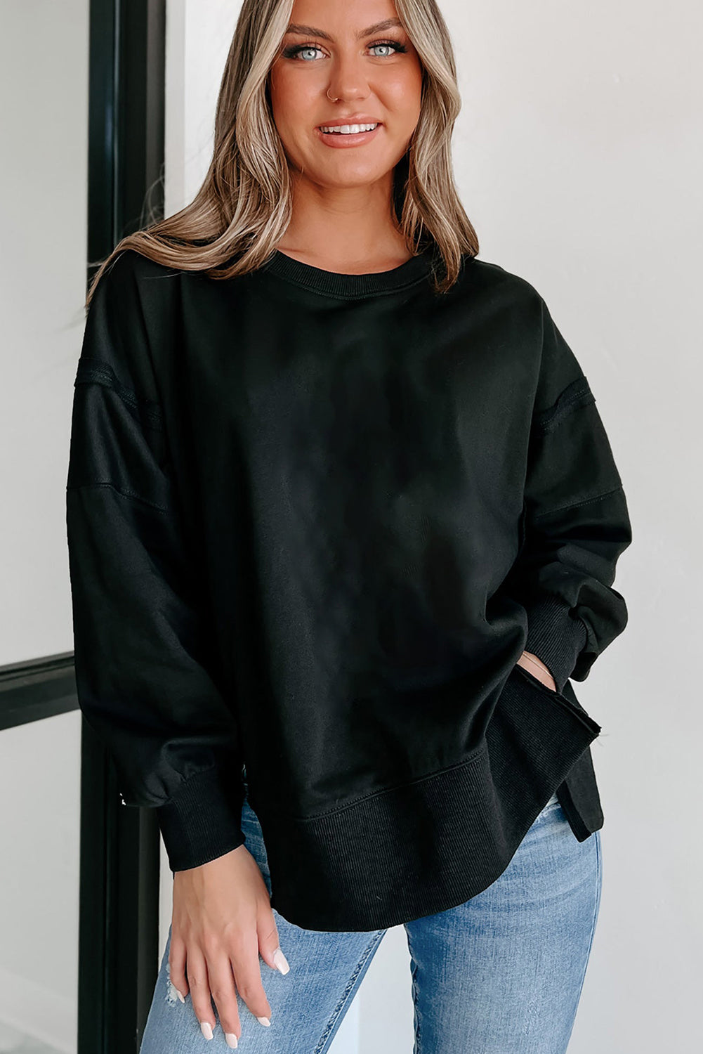 Carrot Exposed Seam Drop Shoulder Side Slit Sweatshirt-True and Wild