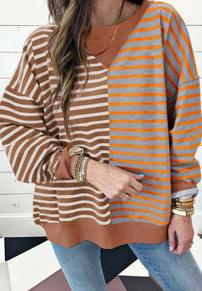 Contrast Striped Round Neck Long Sleeve Sweatshirt-True and Wild