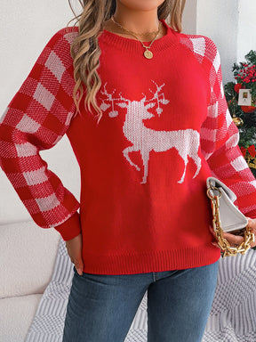 Reindeer Plaid Round Neck Long Sleeve Sweater-True and Wild