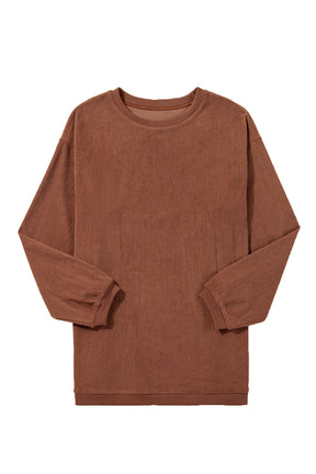 Chestnut Plain Drop Sleeve Crinkle Rib Oversized Sweatshirt-True and Wild