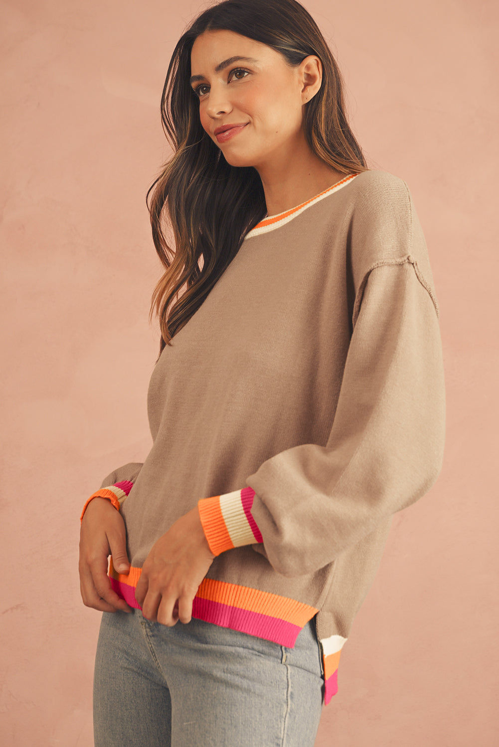 Parchment Striped Trim Drop Shoulder Sweater-True and Wild