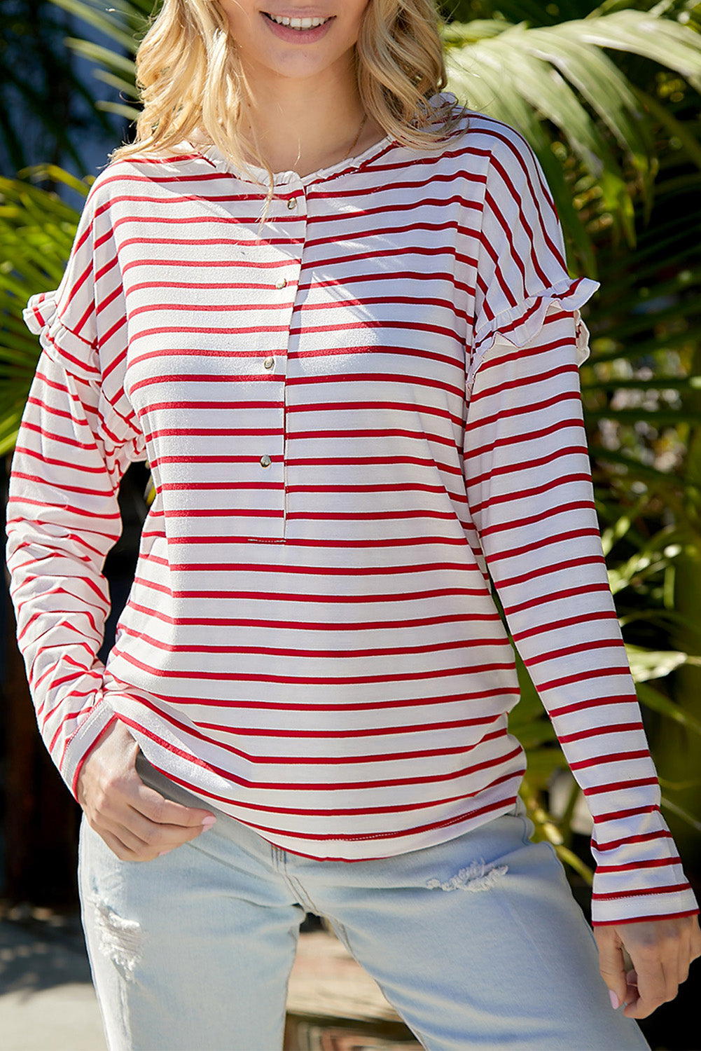 White Striped Snap Button Ruffle Trim Long Sleeve Top