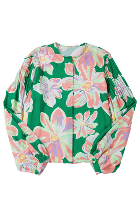 Green Floral Pleated Puff Sleeve Blouse-True and Wild