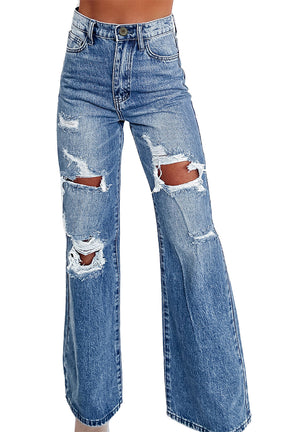 Ashleigh Blue Acid Wash Distressed Wide Leg High Waist Jeans-True and Wild