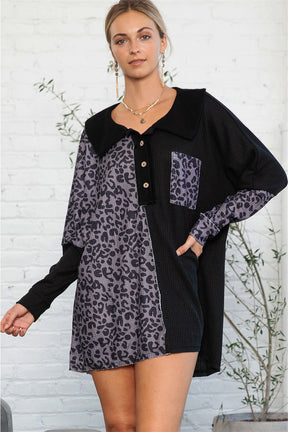 Black Waffle Knit and Leopard Print Color Block Oversized Henley Shirt-True and Wild