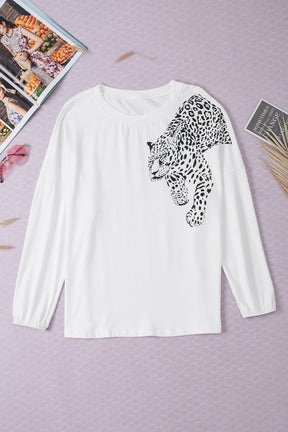 Leopard Round Neck Long Sleeve T-Shirt-True and Wild