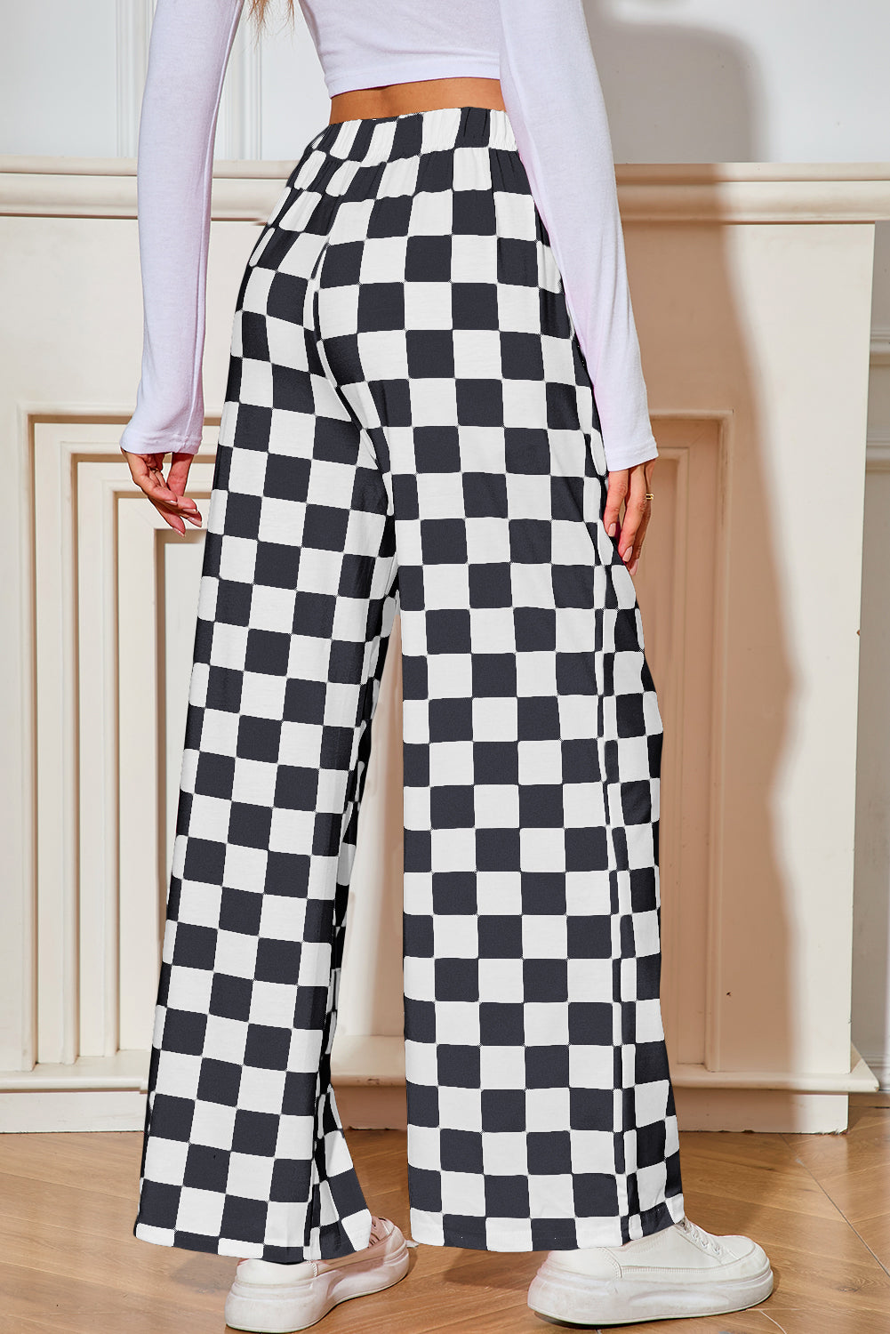 Black Checkered Print High Waist Wide Leg Pants-True and Wild