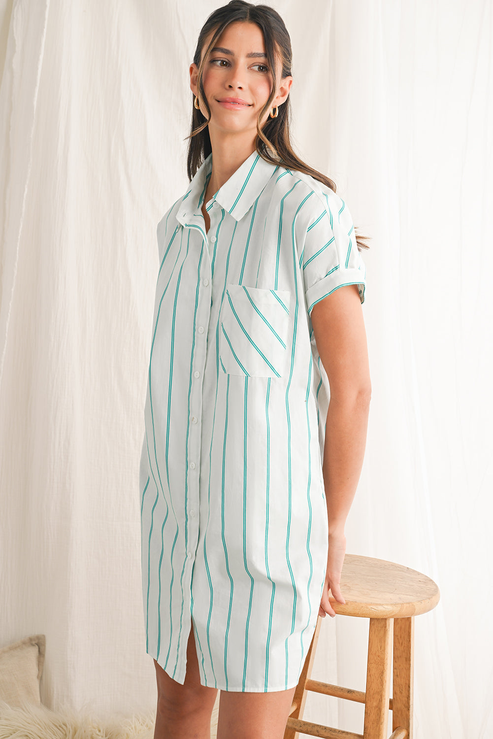 Mint Green Striped Pocket Short Sleeve Mini Dress-True and Wild