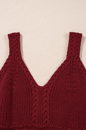 Burgundy Slim Fit V Neck Cable Knit Pointelle Camisole-True and Wild