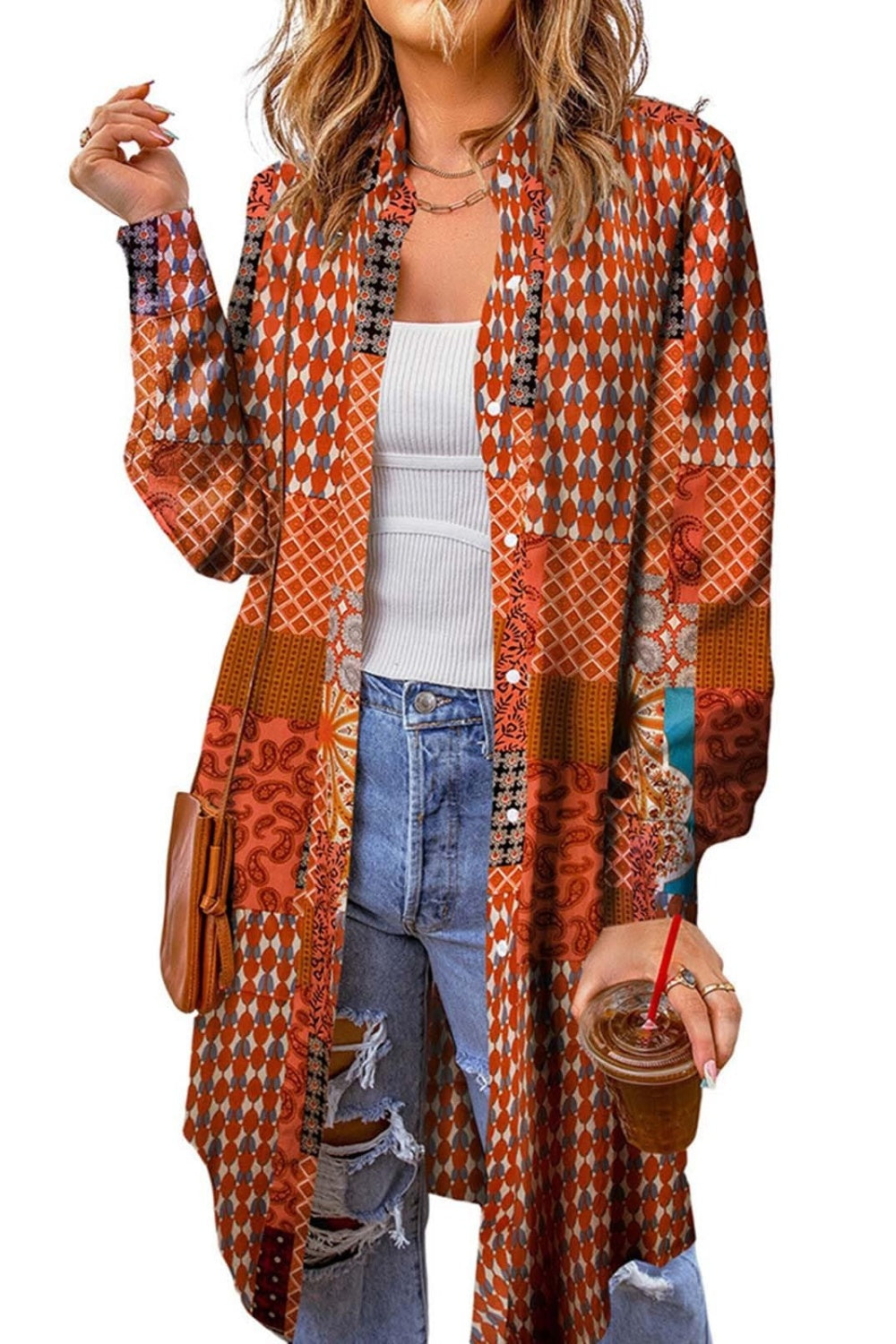 Printed Button Up Long Sleeve Cardigan-True and Wild