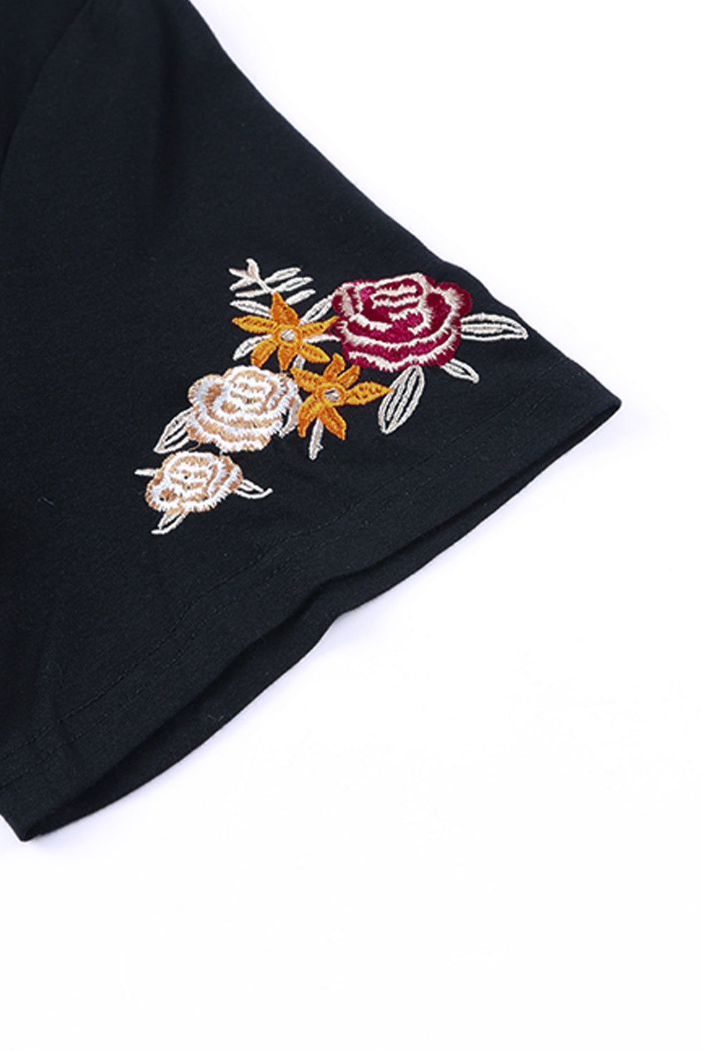 Black Casual Floral Embroidered Round Neck T Shirt-True and Wild