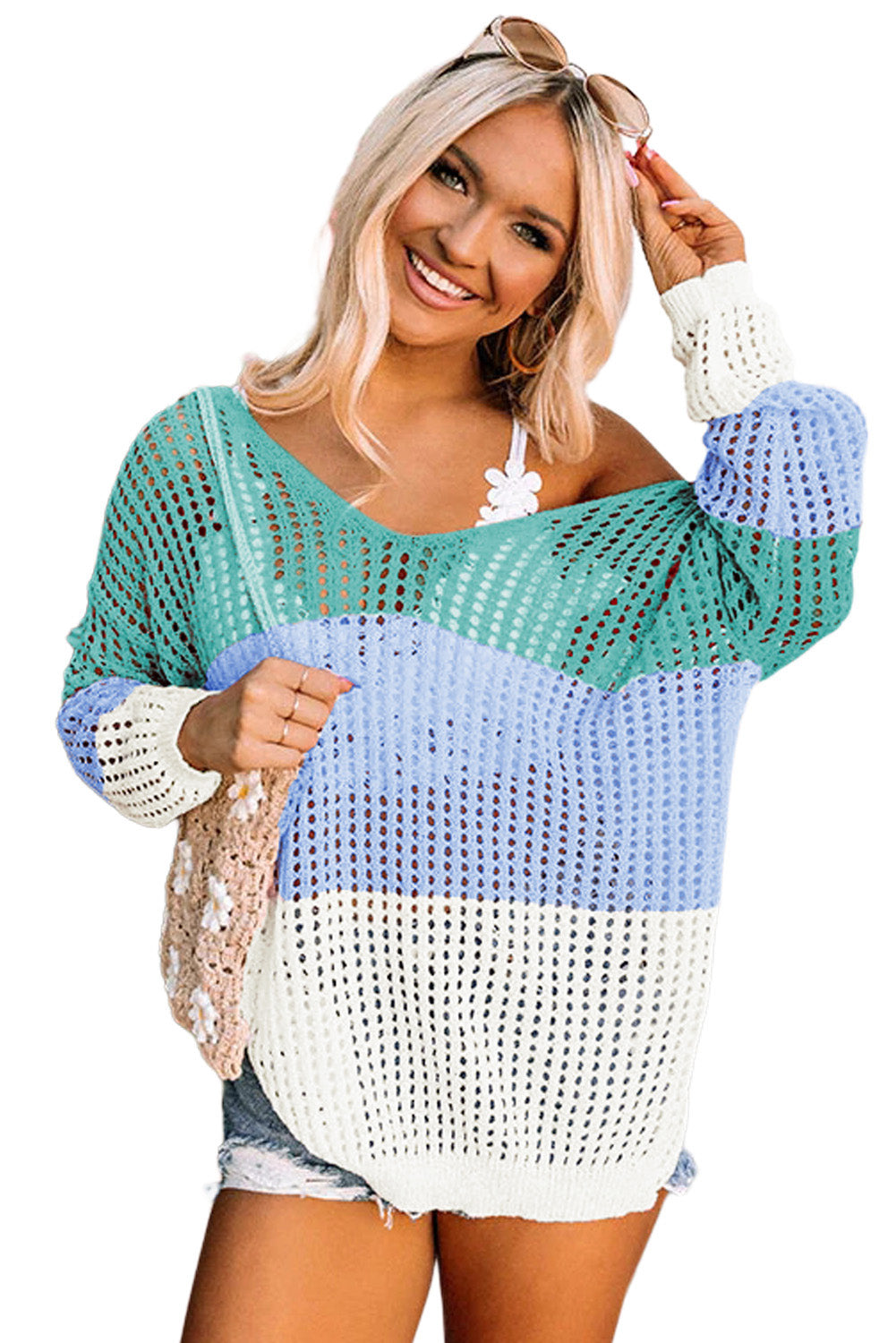 Green Color Block Twisted Back Hollow Out Knit Top-True and Wild