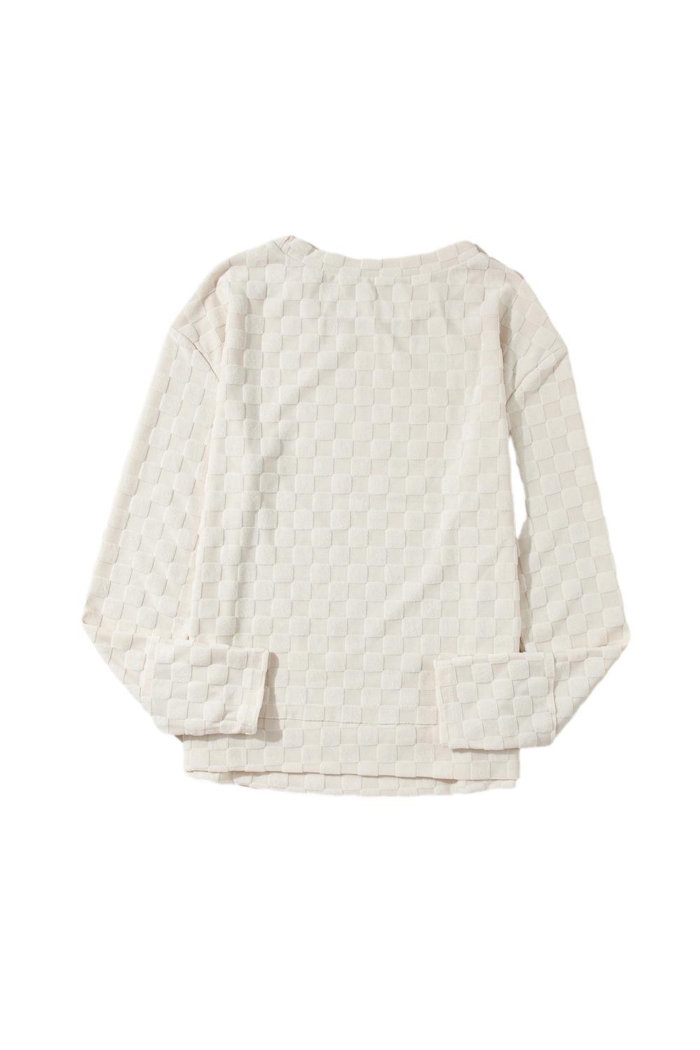 Long Sleeve Tops - Beige Checkered Furry Thumbhole Long Sleeve Top