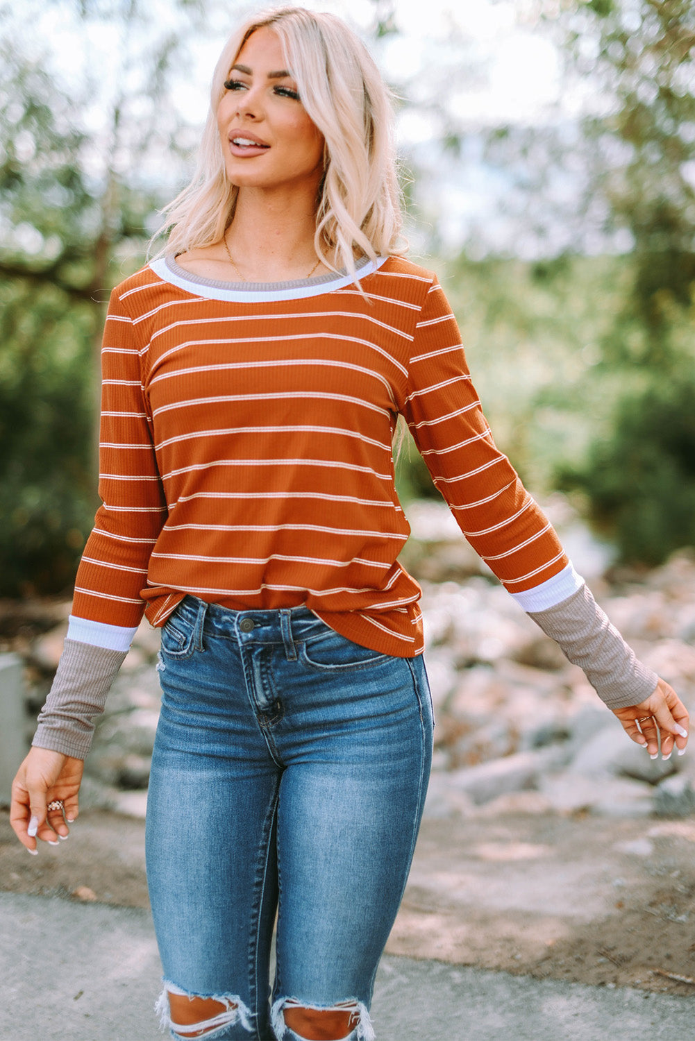 Brown Contrast Spliced Colorblock Cuffed Rib Knit Top-True and Wild