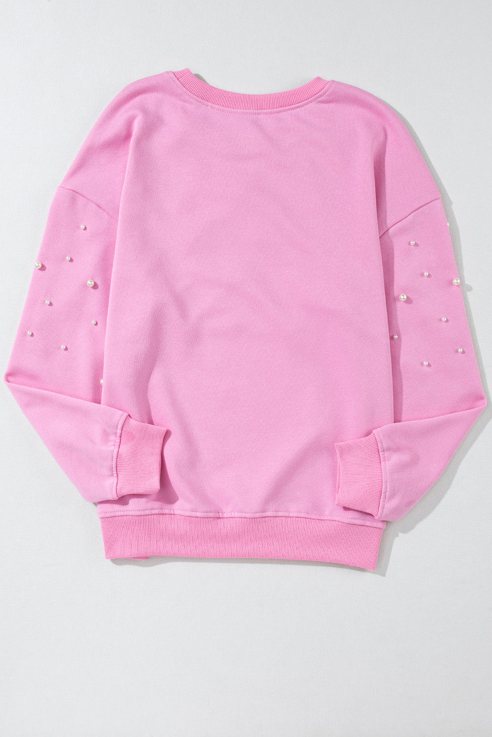 Pink Pearl Decor Ribbed Contrast Round Neck Sweatshirt-True and Wild