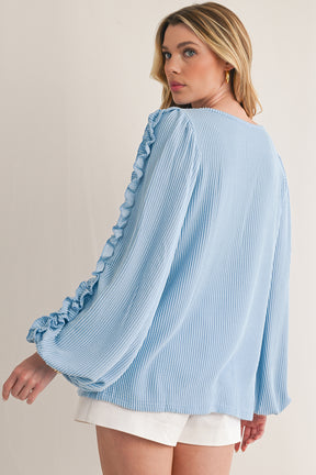 Mist Blue Corded Frill Detail Puff Sleeve Top-True and Wild