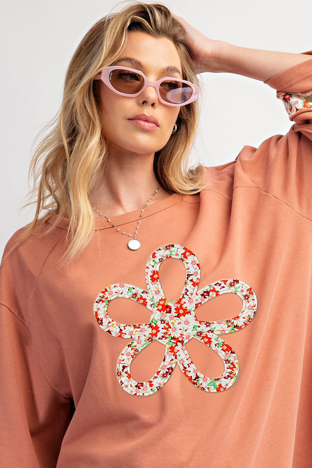 Grapefruit Orange Flower Exposed Seam Patchwork Loose Top-True and Wild